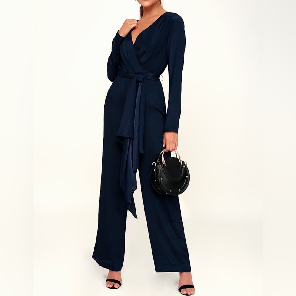 C/meo Eminence Navy Blue Long Sleeve Wide-leg Jumpsuit